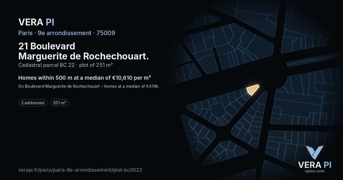 21 Boulevard Marguerite de Rochechouart, 9e arrondissement at night – the plot lit, the parcels around coloured by the prices near them