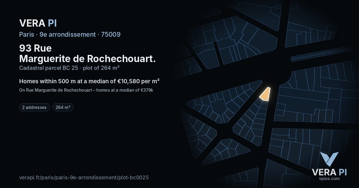 93 Rue Marguerite de Rochechouart, 9e arrondissement at night – the plot lit, the parcels around coloured by the prices near them