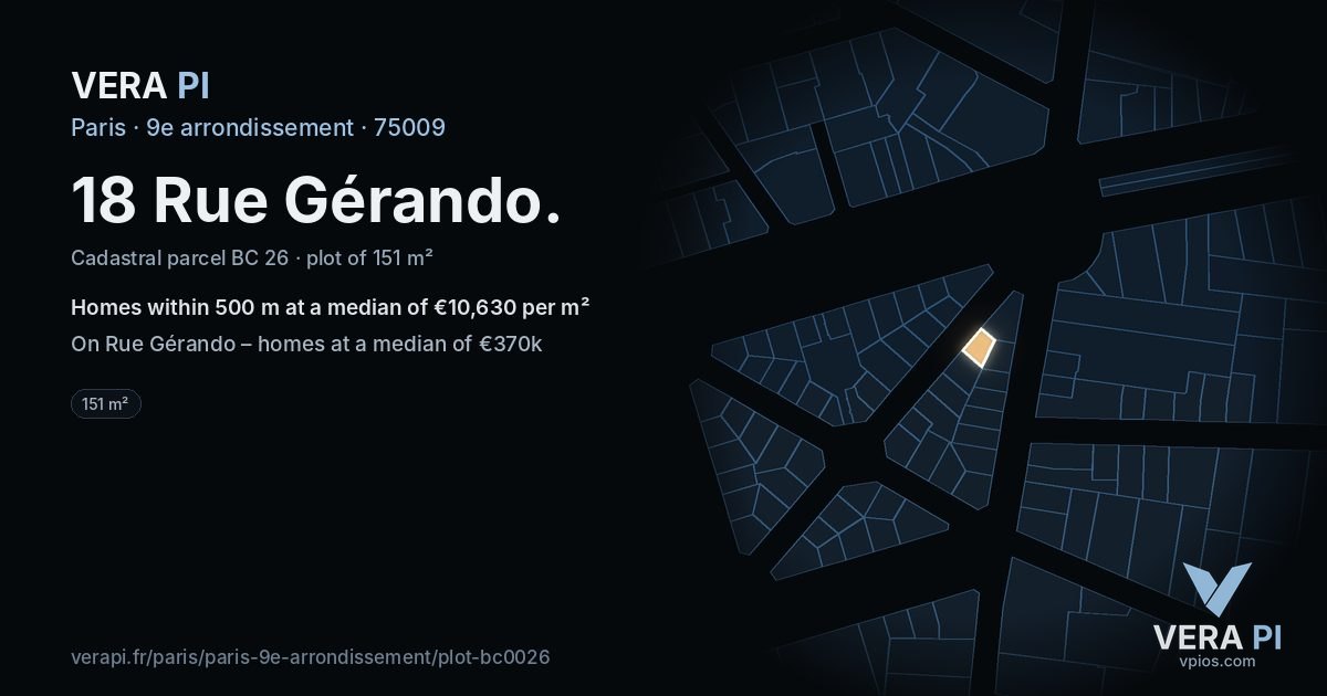 18 Rue Gérando, 9e arrondissement at night – the plot lit, the parcels around coloured by the prices near them