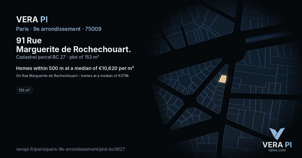 91 Rue Marguerite de Rochechouart, 9e arrondissement at night – the plot lit, the parcels around coloured by the prices near them