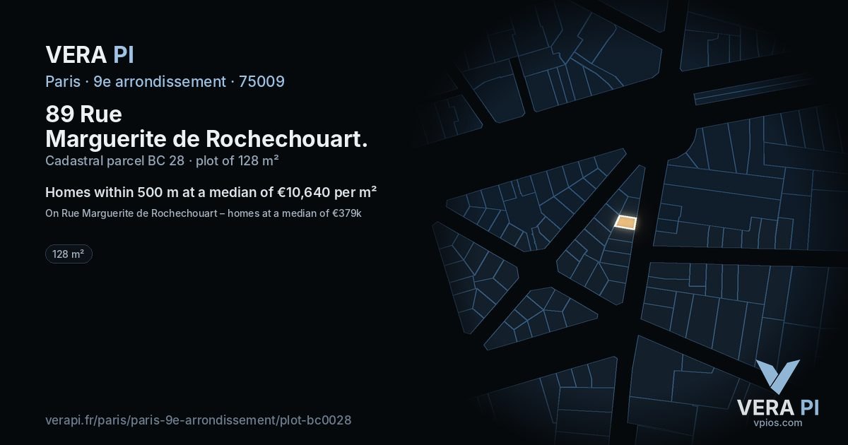 89 Rue Marguerite de Rochechouart, 9e arrondissement at night – the plot lit, the parcels around coloured by the prices near them