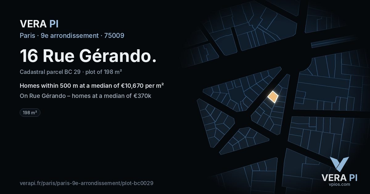 16 Rue Gérando, 9e arrondissement at night – the plot lit, the parcels around coloured by the prices near them
