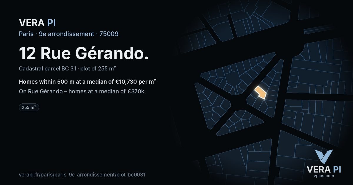 12 Rue Gérando, 9e arrondissement at night – the plot lit, the parcels around coloured by the prices near them
