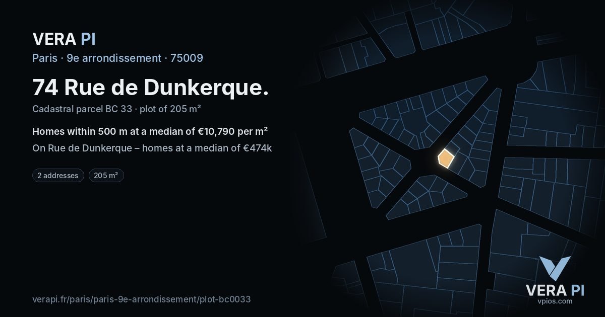 74 Rue de Dunkerque, 9e arrondissement at night – the plot lit, the parcels around coloured by the prices near them