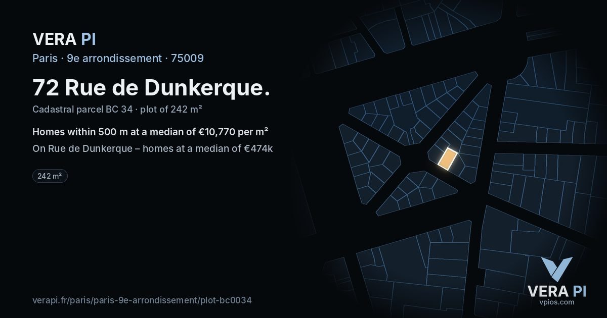 72 Rue de Dunkerque, 9e arrondissement at night – the plot lit, the parcels around coloured by the prices near them