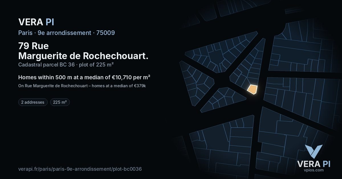 79 Rue Marguerite de Rochechouart, 9e arrondissement at night – the plot lit, the parcels around coloured by the prices near them