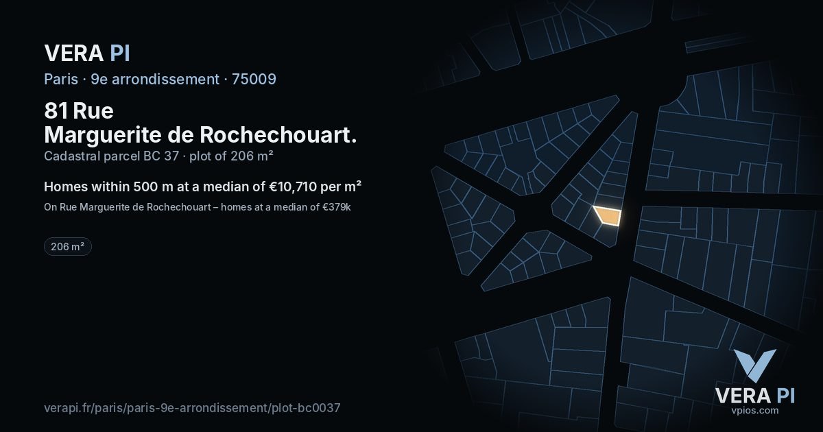 81 Rue Marguerite de Rochechouart, 9e arrondissement at night – the plot lit, the parcels around coloured by the prices near them
