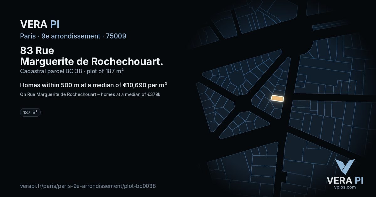 83 Rue Marguerite de Rochechouart, 9e arrondissement at night – the plot lit, the parcels around coloured by the prices near them