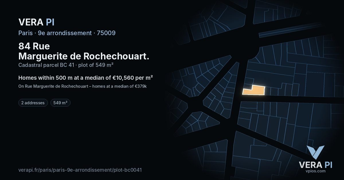 84 Rue Marguerite de Rochechouart, 9e arrondissement at night – the plot lit, the parcels around coloured by the prices near them