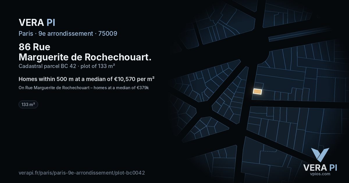86 Rue Marguerite de Rochechouart, 9e arrondissement at night – the plot lit, the parcels around coloured by the prices near them
