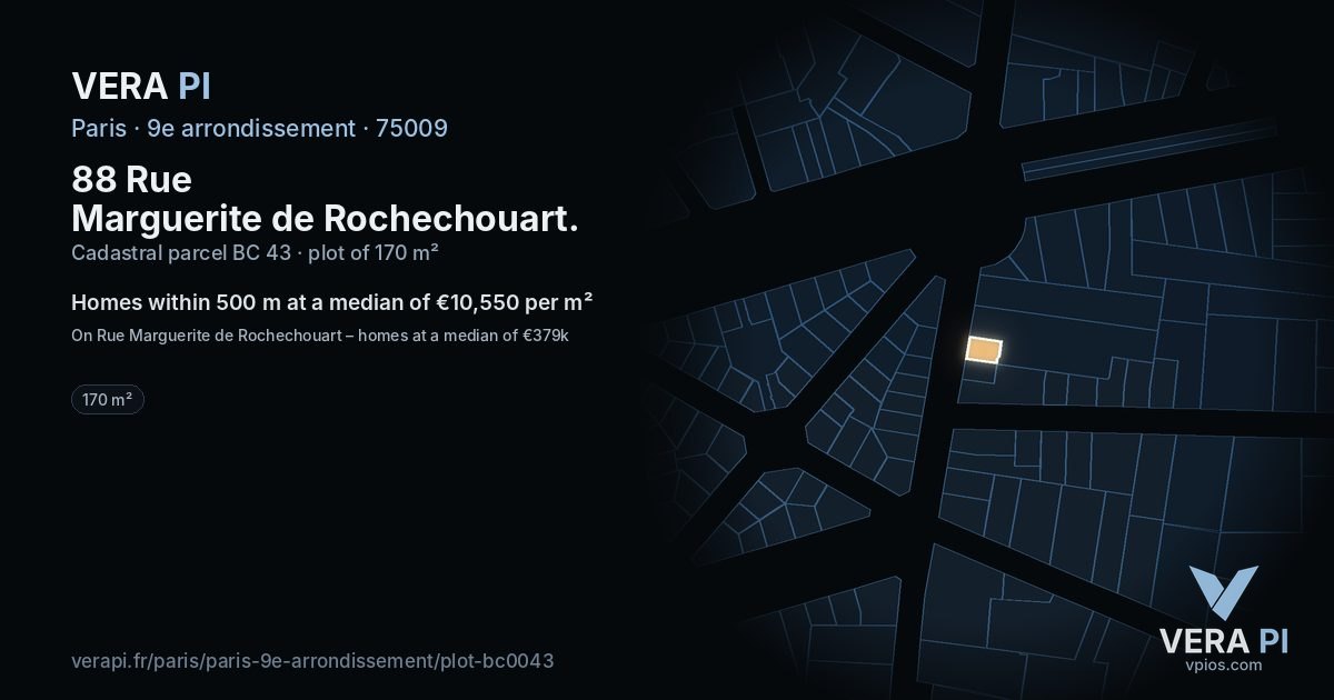 88 Rue Marguerite de Rochechouart, 9e arrondissement at night – the plot lit, the parcels around coloured by the prices near them