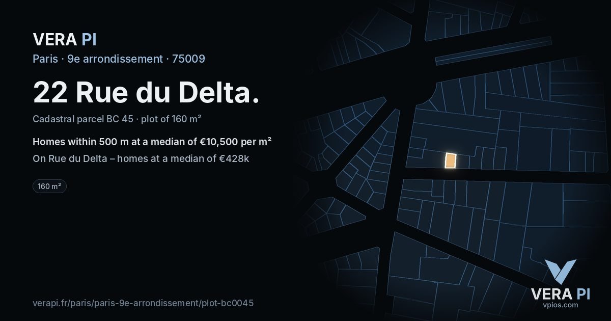 22 Rue du Delta, 9e arrondissement at night – the plot lit, the parcels around coloured by the prices near them