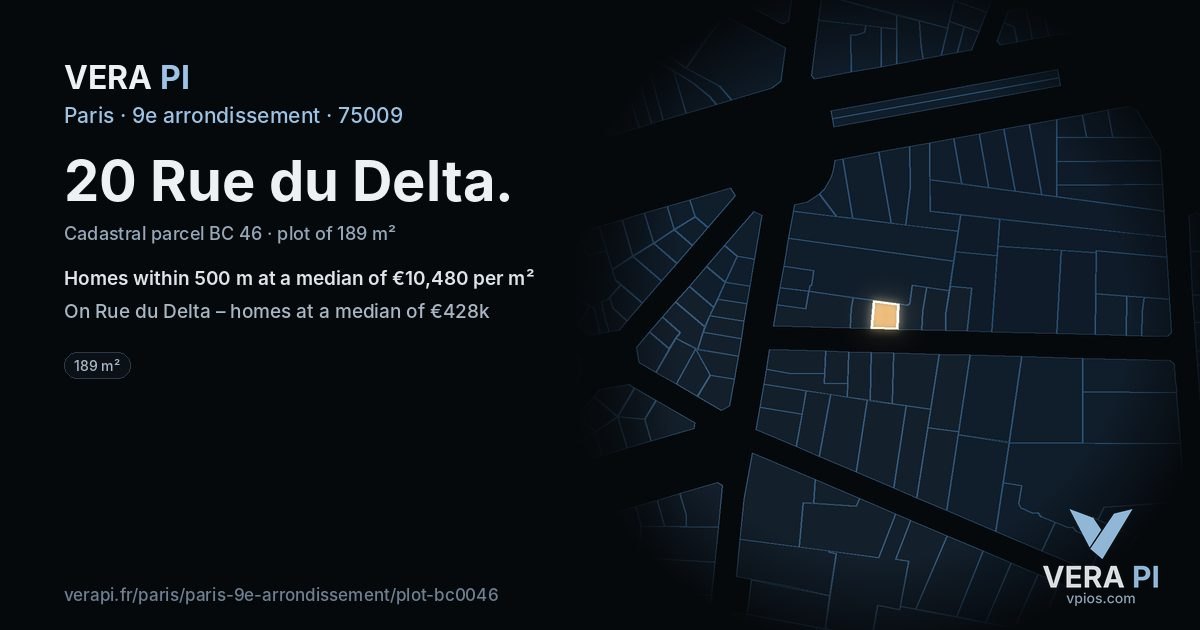 20 Rue du Delta, 9e arrondissement at night – the plot lit, the parcels around coloured by the prices near them