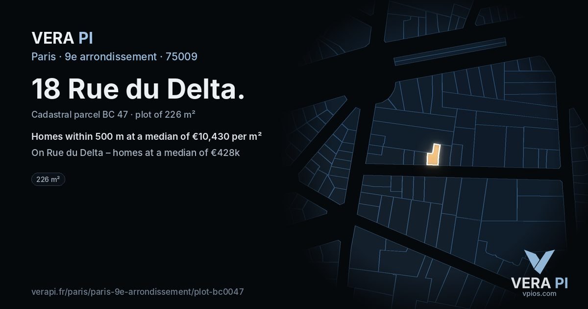 18 Rue du Delta, 9e arrondissement at night – the plot lit, the parcels around coloured by the prices near them