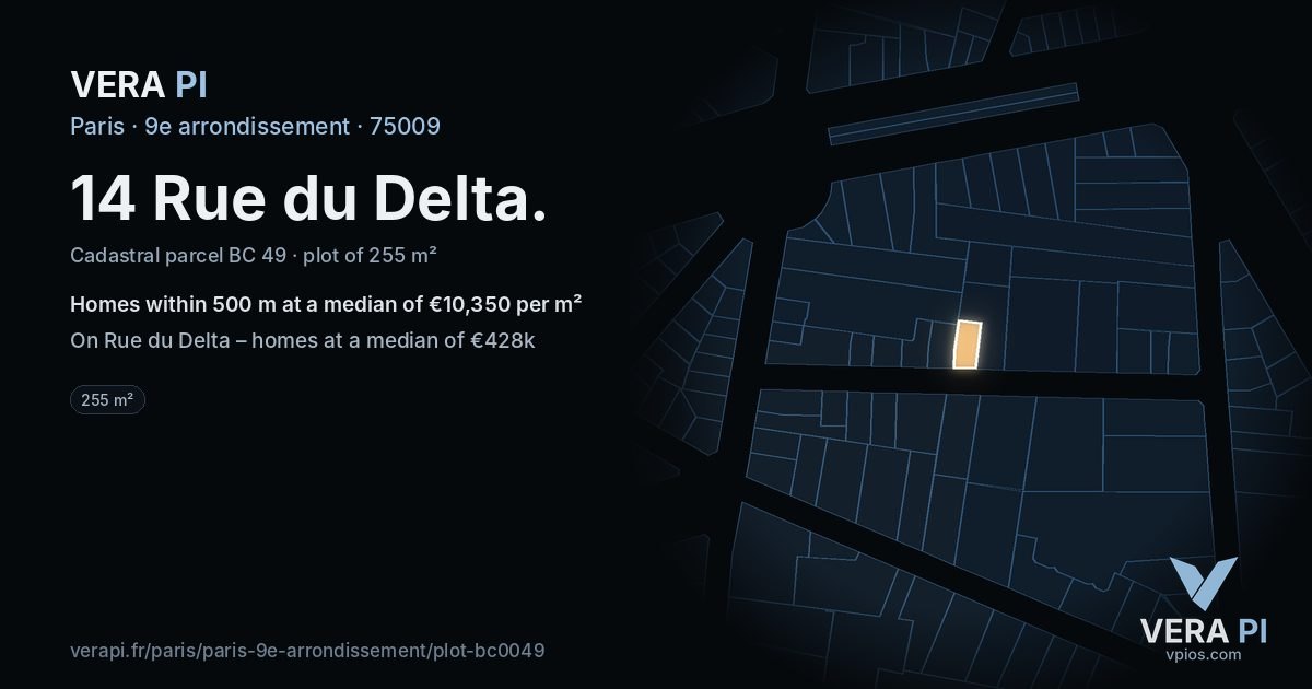 14 Rue du Delta, 9e arrondissement at night – the plot lit, the parcels around coloured by the prices near them