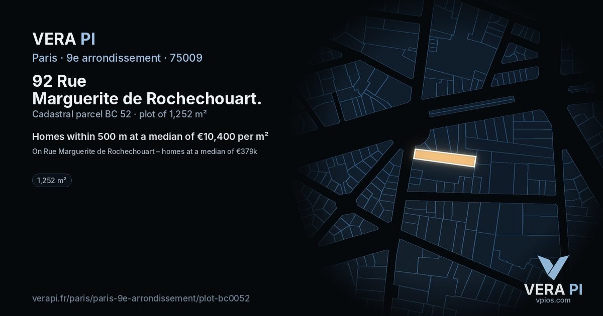 92 Rue Marguerite de Rochechouart, 9e arrondissement at night – the plot lit, the parcels around coloured by the prices near them