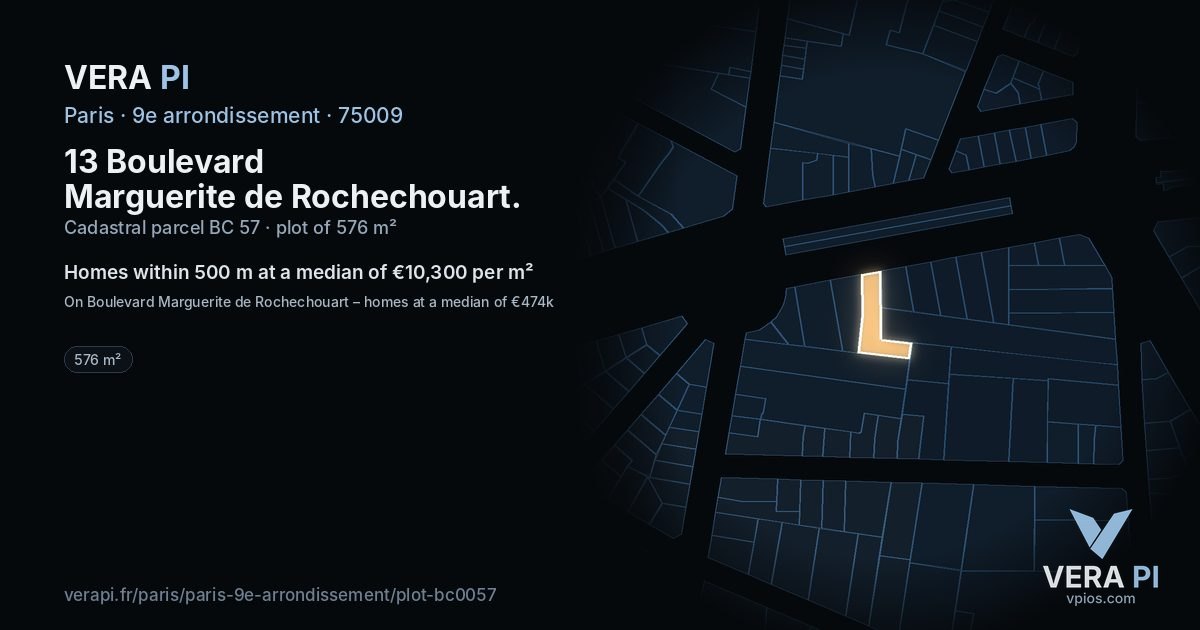13 Boulevard Marguerite de Rochechouart, 9e arrondissement at night – the plot lit, the parcels around coloured by the prices near them