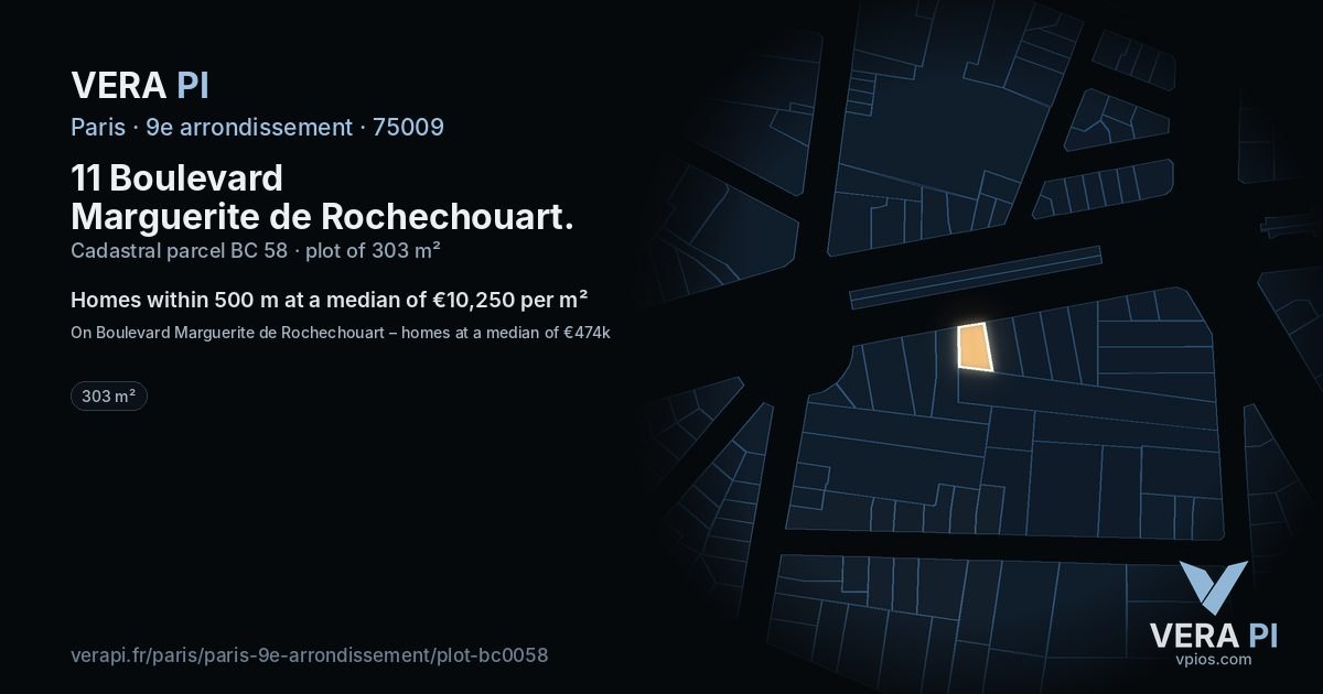 11 Boulevard Marguerite de Rochechouart, 9e arrondissement at night – the plot lit, the parcels around coloured by the prices near them