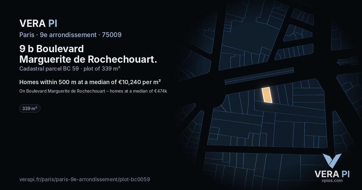 9 b Boulevard Marguerite de Rochechouart, 9e arrondissement at night – the plot lit, the parcels around coloured by the prices near them