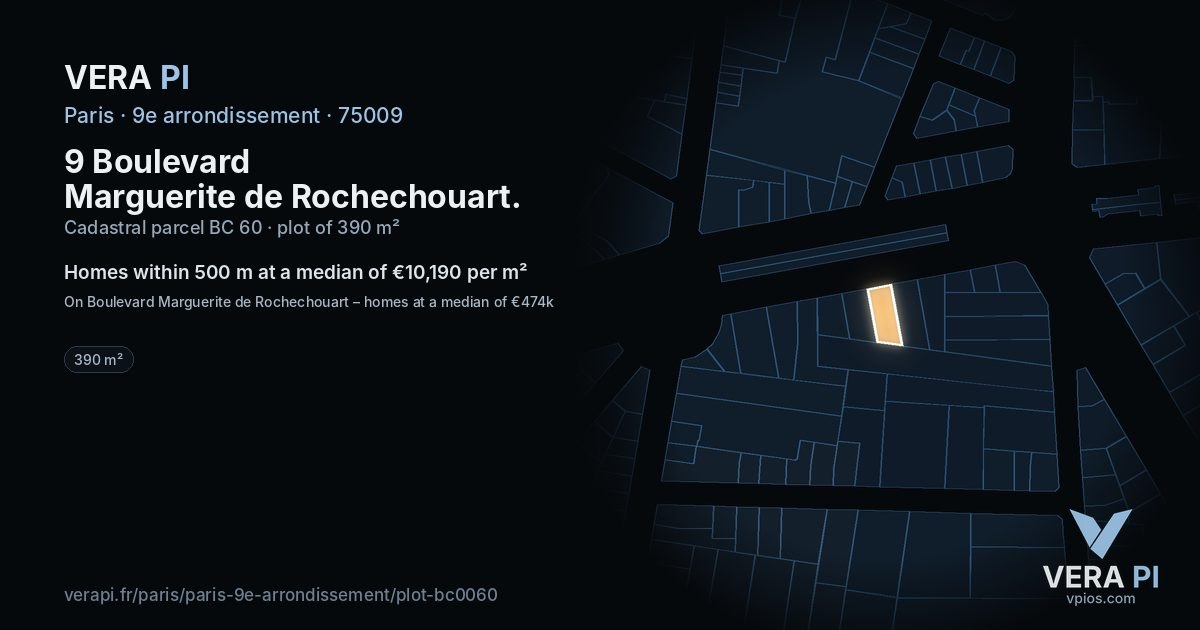 9 Boulevard Marguerite de Rochechouart, 9e arrondissement at night – the plot lit, the parcels around coloured by the prices near them
