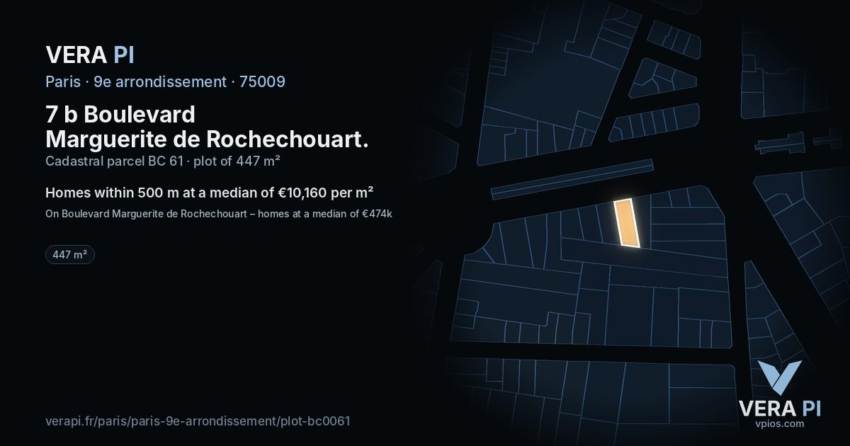 7 b Boulevard Marguerite de Rochechouart, 9e arrondissement at night – the plot lit, the parcels around coloured by the prices near them
