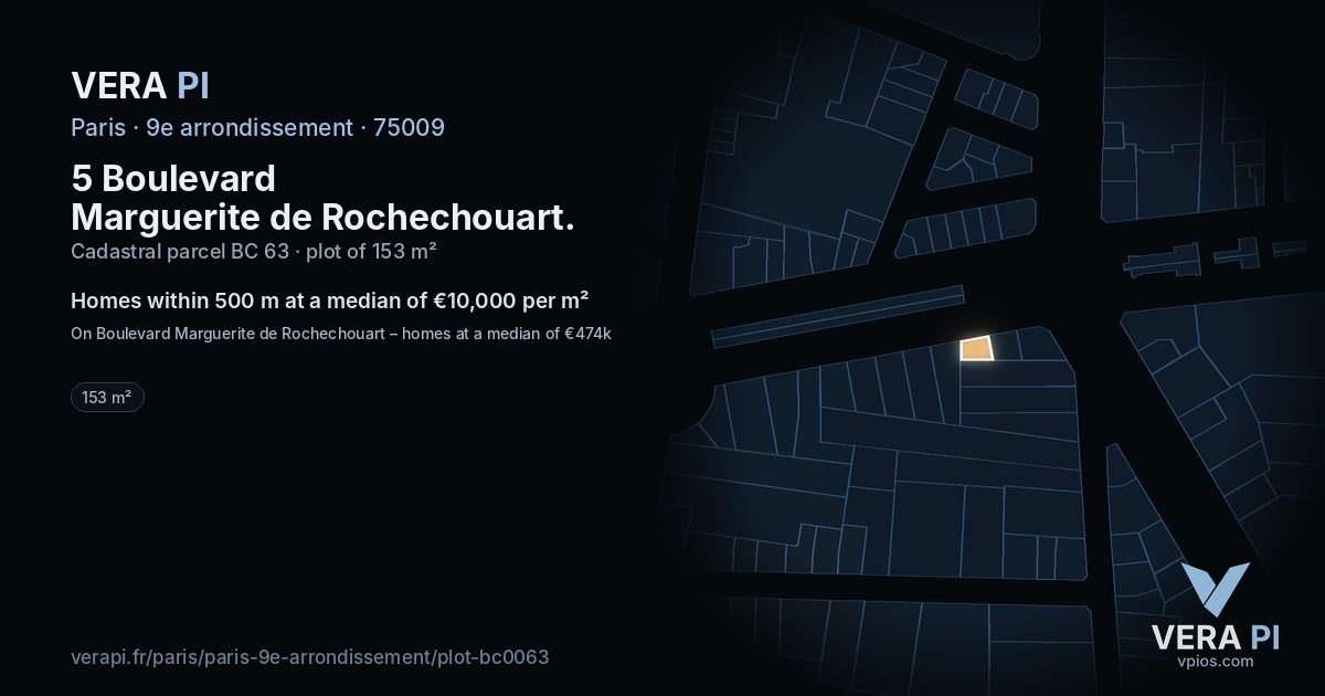 5 Boulevard Marguerite de Rochechouart, 9e arrondissement at night – the plot lit, the parcels around coloured by the prices near them