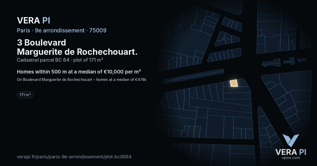 3 Boulevard Marguerite de Rochechouart, 9e arrondissement at night – the plot lit, the parcels around coloured by the prices near them