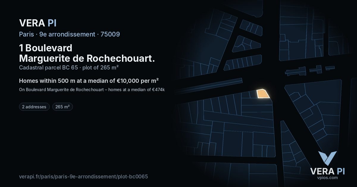 1 Boulevard Marguerite de Rochechouart, 9e arrondissement at night – the plot lit, the parcels around coloured by the prices near them