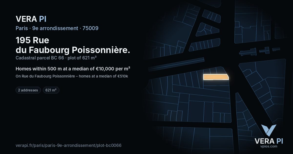 195 Rue du Faubourg Poissonnière, 9e arrondissement at night – the plot lit, the parcels around coloured by the prices near them