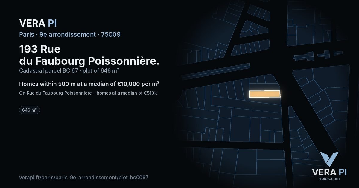 193 Rue du Faubourg Poissonnière, 9e arrondissement at night – the plot lit, the parcels around coloured by the prices near them