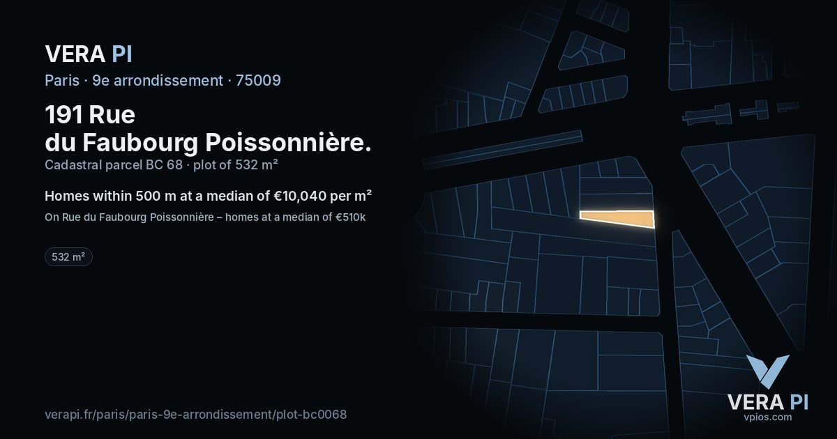191 Rue du Faubourg Poissonnière, 9e arrondissement at night – the plot lit, the parcels around coloured by the prices near them