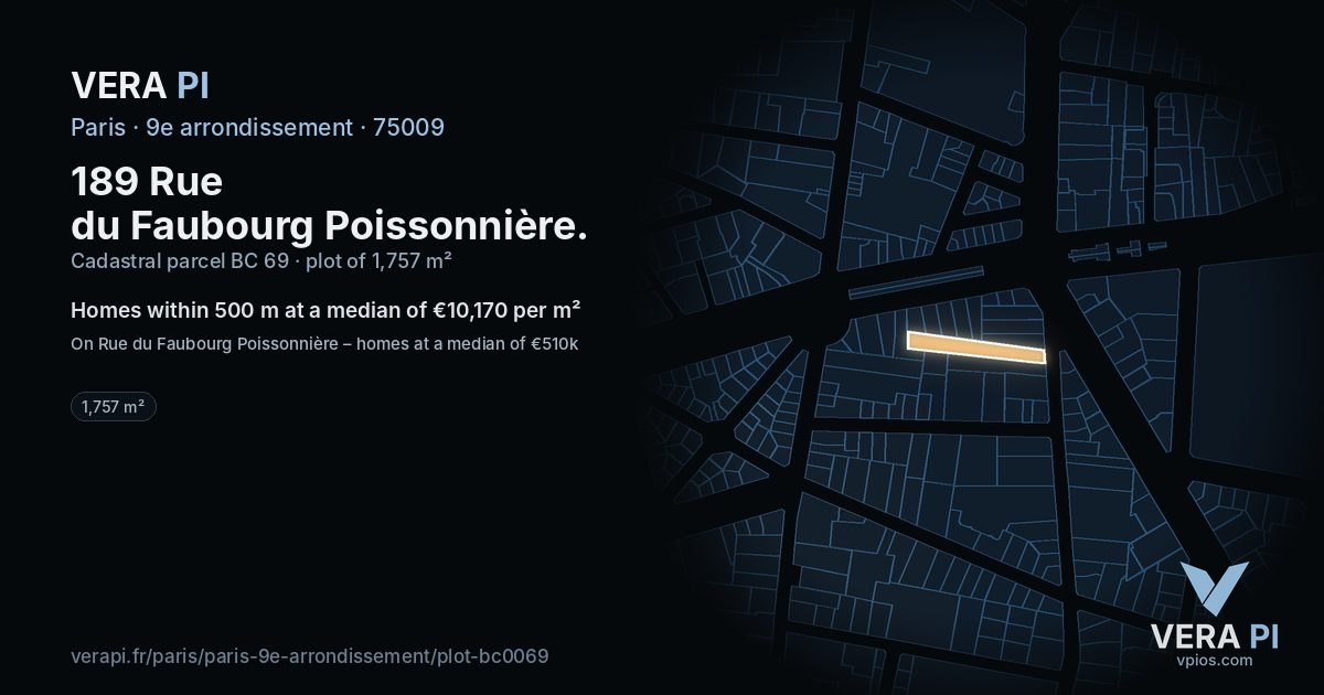 189 Rue du Faubourg Poissonnière, 9e arrondissement at night – the plot lit, the parcels around coloured by the prices near them
