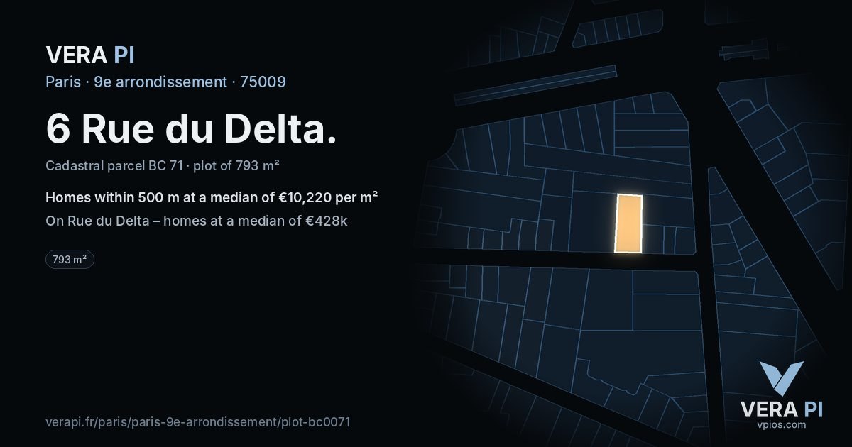 6 Rue du Delta, 9e arrondissement at night – the plot lit, the parcels around coloured by the prices near them