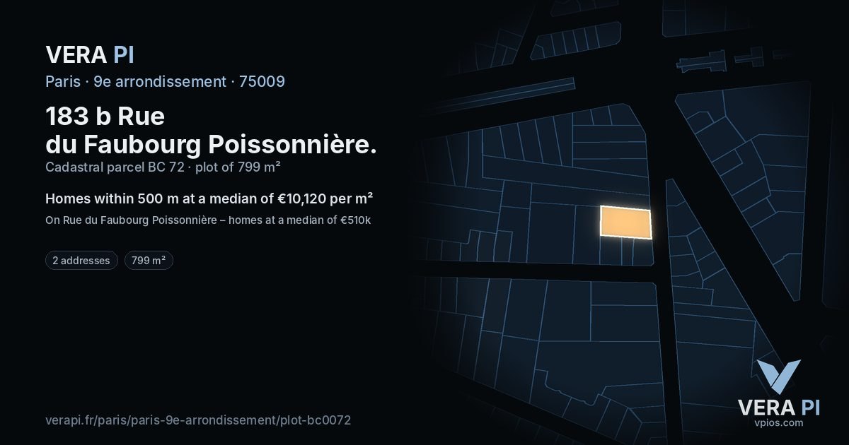 183 b Rue du Faubourg Poissonnière, 9e arrondissement at night – the plot lit, the parcels around coloured by the prices near them