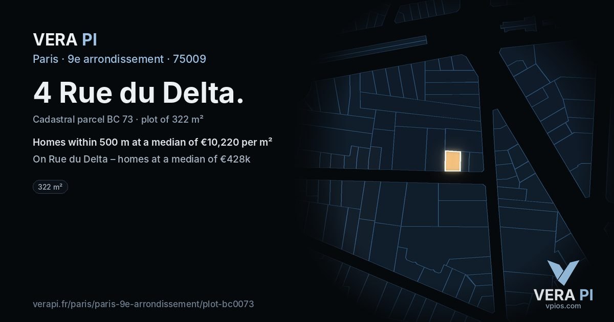4 Rue du Delta, 9e arrondissement at night – the plot lit, the parcels around coloured by the prices near them