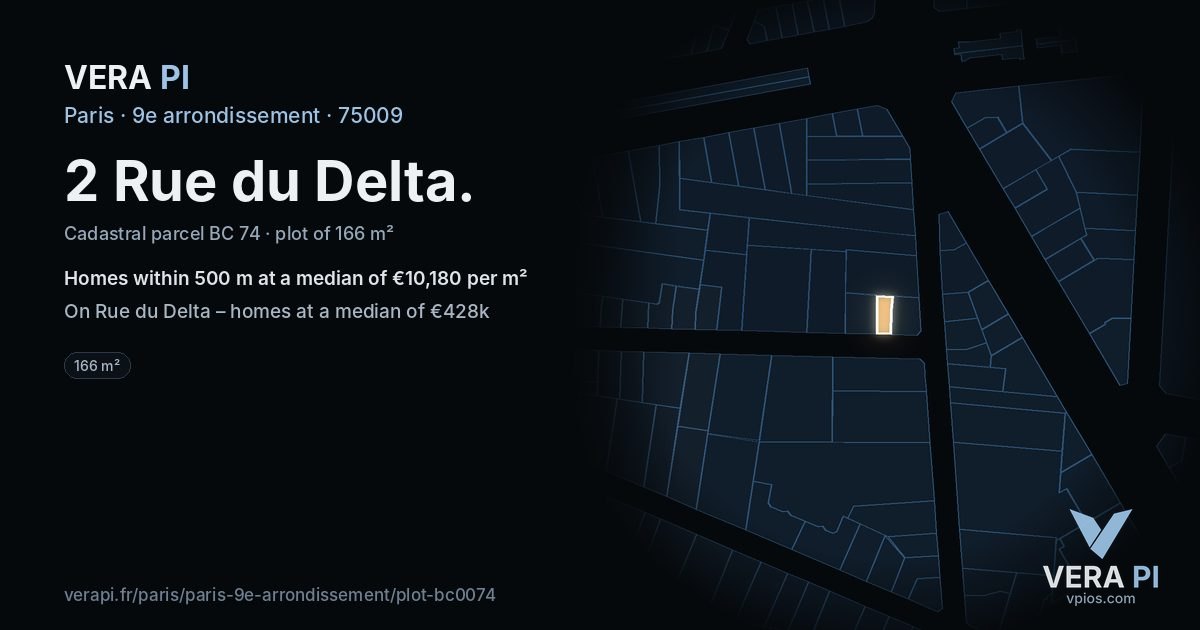 2 Rue du Delta, 9e arrondissement at night – the plot lit, the parcels around coloured by the prices near them