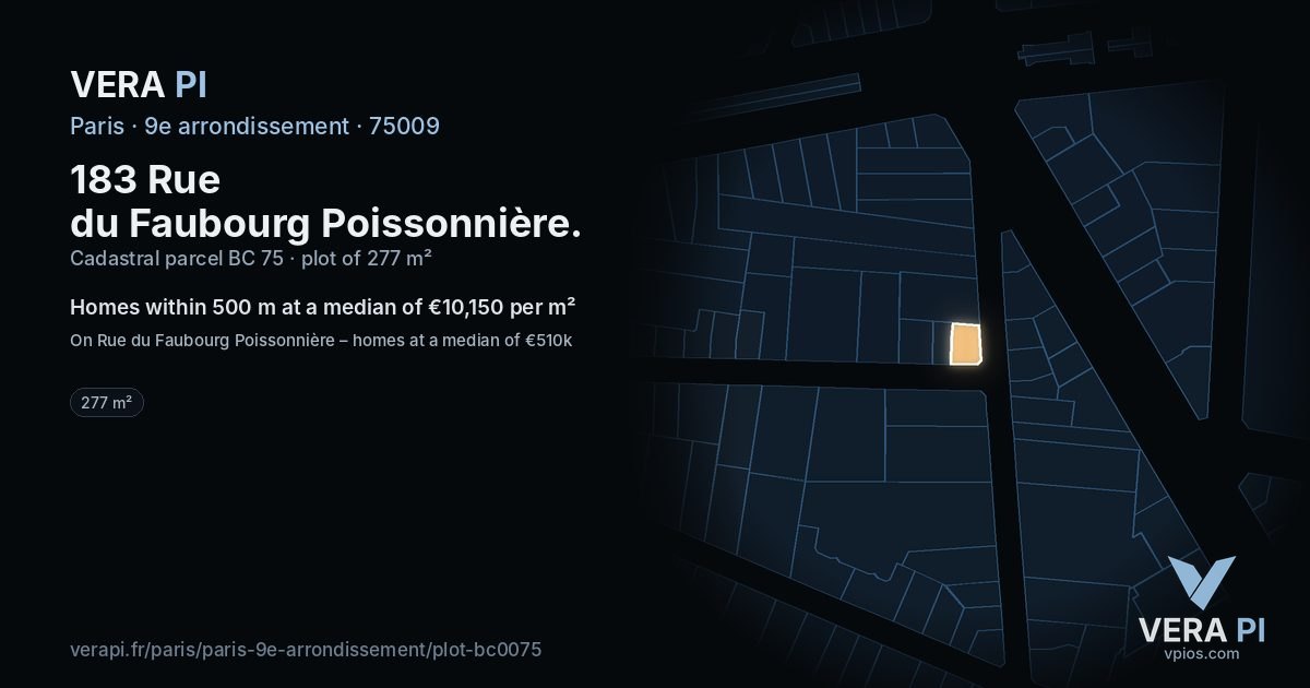 183 Rue du Faubourg Poissonnière, 9e arrondissement at night – the plot lit, the parcels around coloured by the prices near them