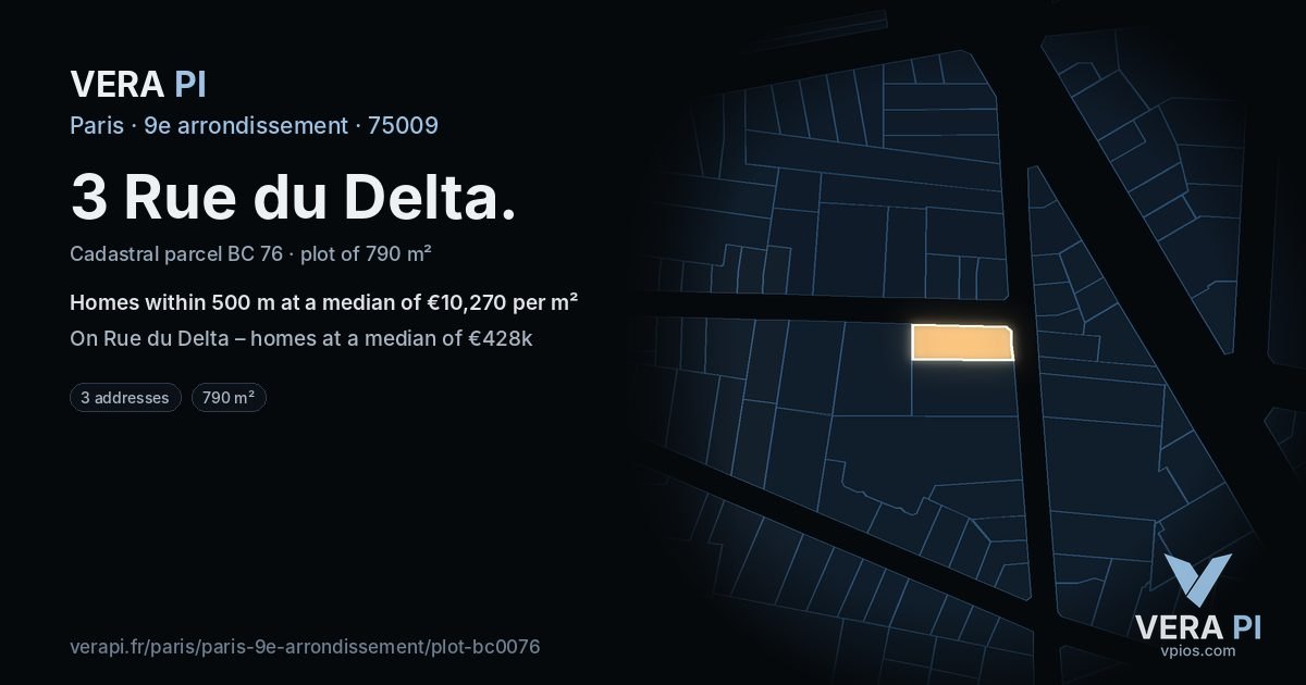 3 Rue du Delta, 9e arrondissement at night – the plot lit, the parcels around coloured by the prices near them