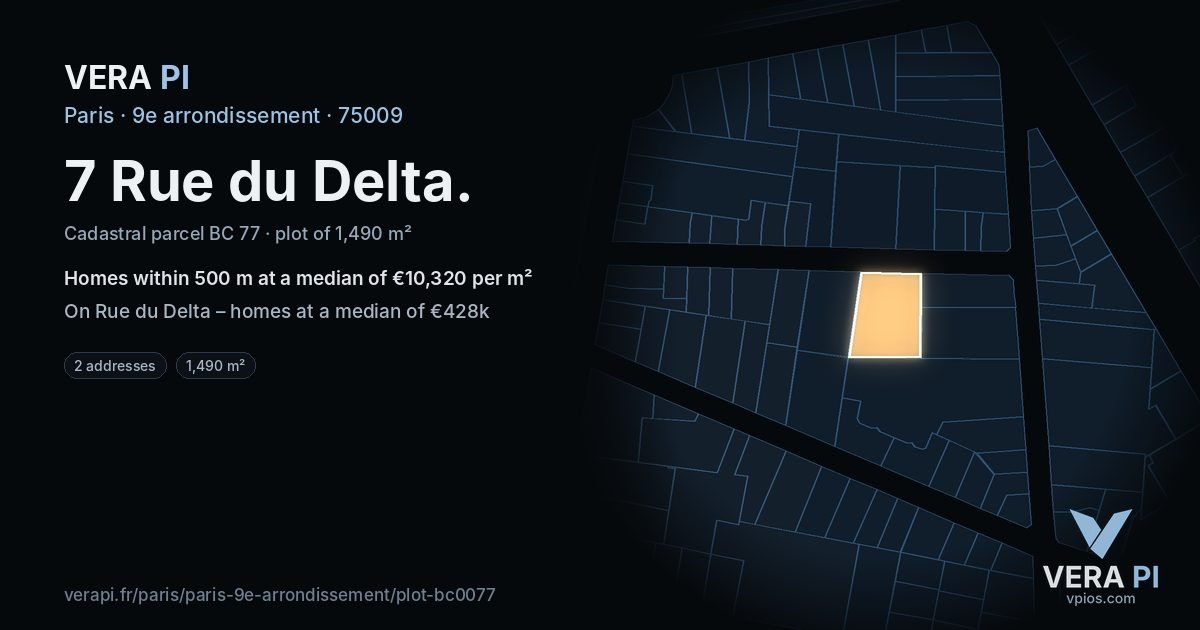 7 Rue du Delta, 9e arrondissement at night – the plot lit, the parcels around coloured by the prices near them