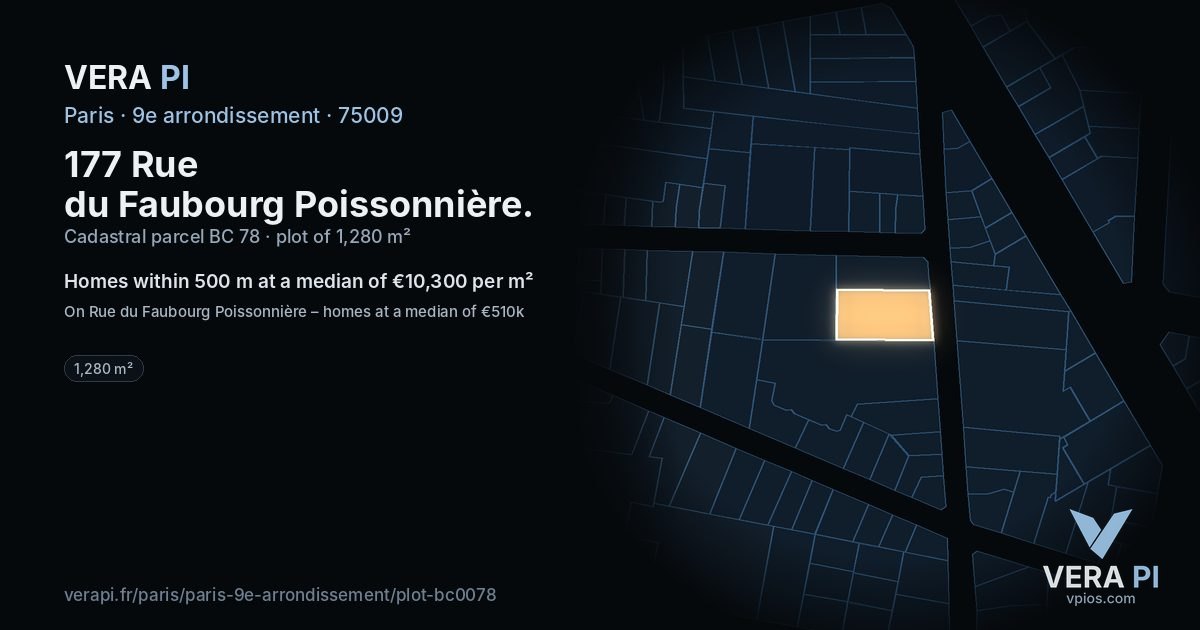 177 Rue du Faubourg Poissonnière, 9e arrondissement at night – the plot lit, the parcels around coloured by the prices near them