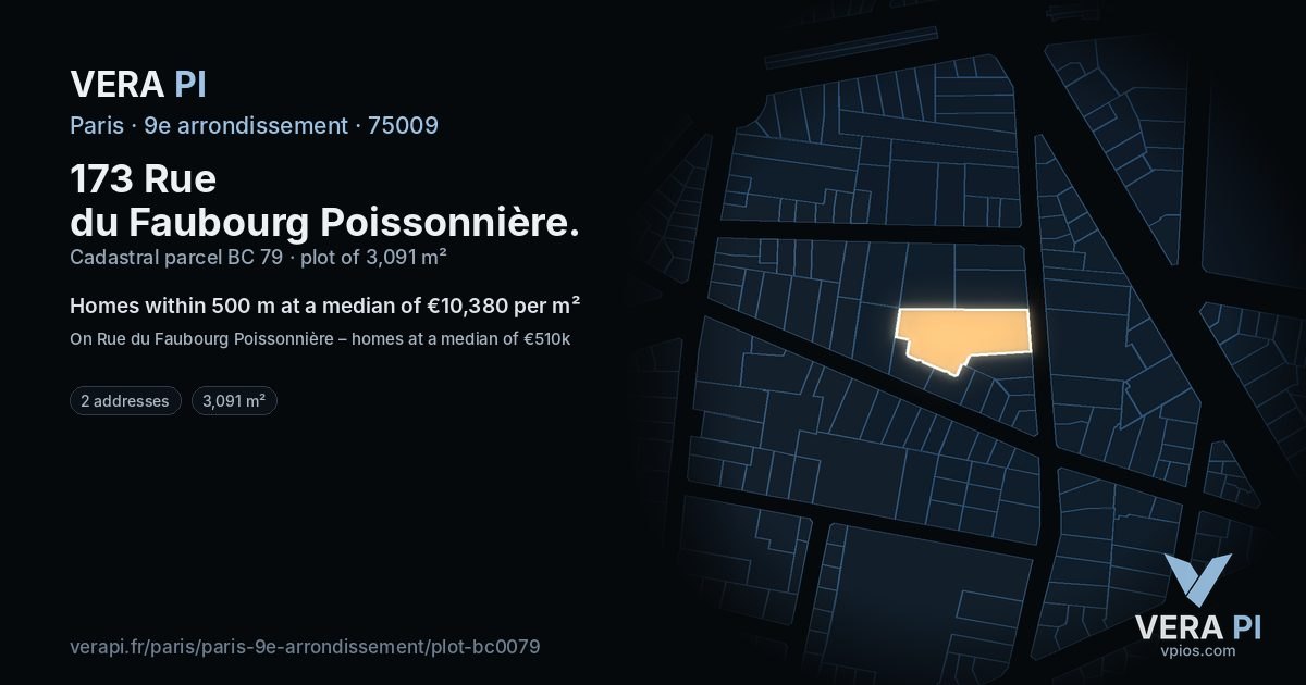 173 Rue du Faubourg Poissonnière, 9e arrondissement at night – the plot lit, the parcels around coloured by the prices near them