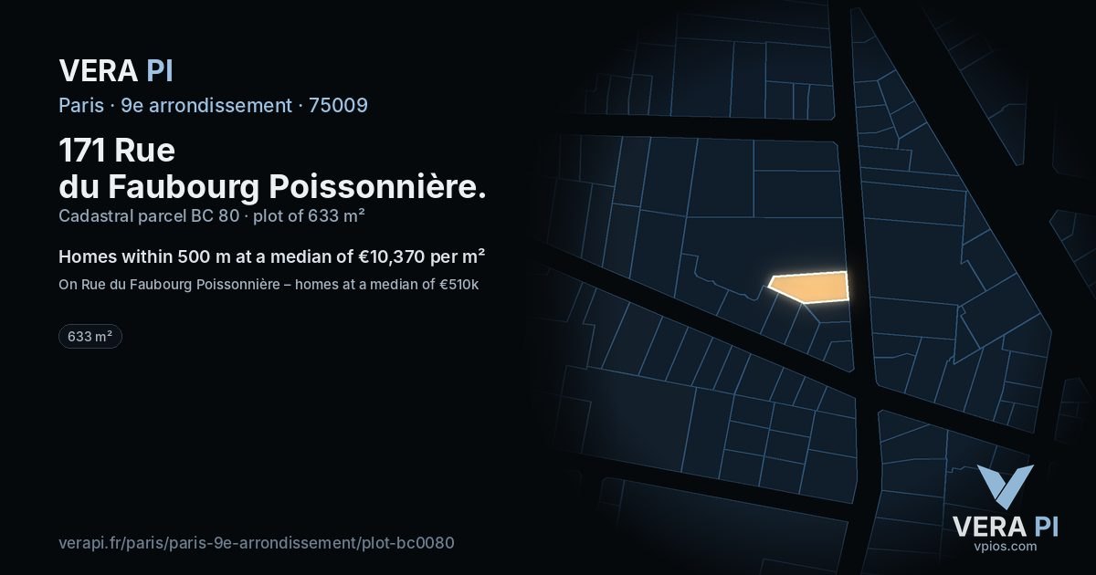 171 Rue du Faubourg Poissonnière, 9e arrondissement at night – the plot lit, the parcels around coloured by the prices near them