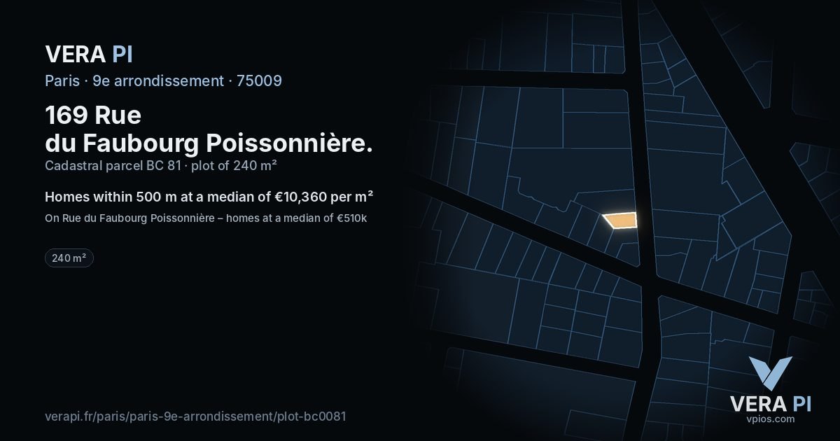 169 Rue du Faubourg Poissonnière, 9e arrondissement at night – the plot lit, the parcels around coloured by the prices near them