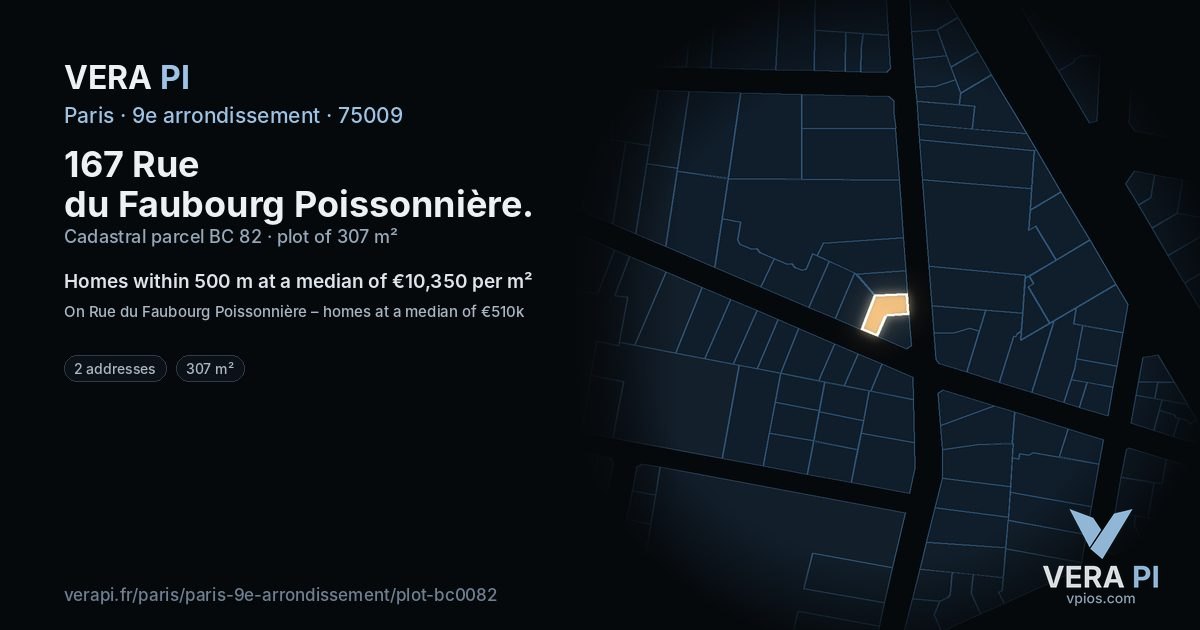 167 Rue du Faubourg Poissonnière, 9e arrondissement at night – the plot lit, the parcels around coloured by the prices near them