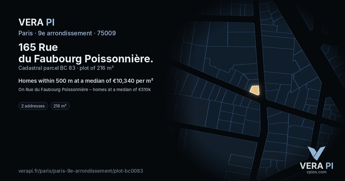 165 Rue du Faubourg Poissonnière, 9e arrondissement at night – the plot lit, the parcels around coloured by the prices near them
