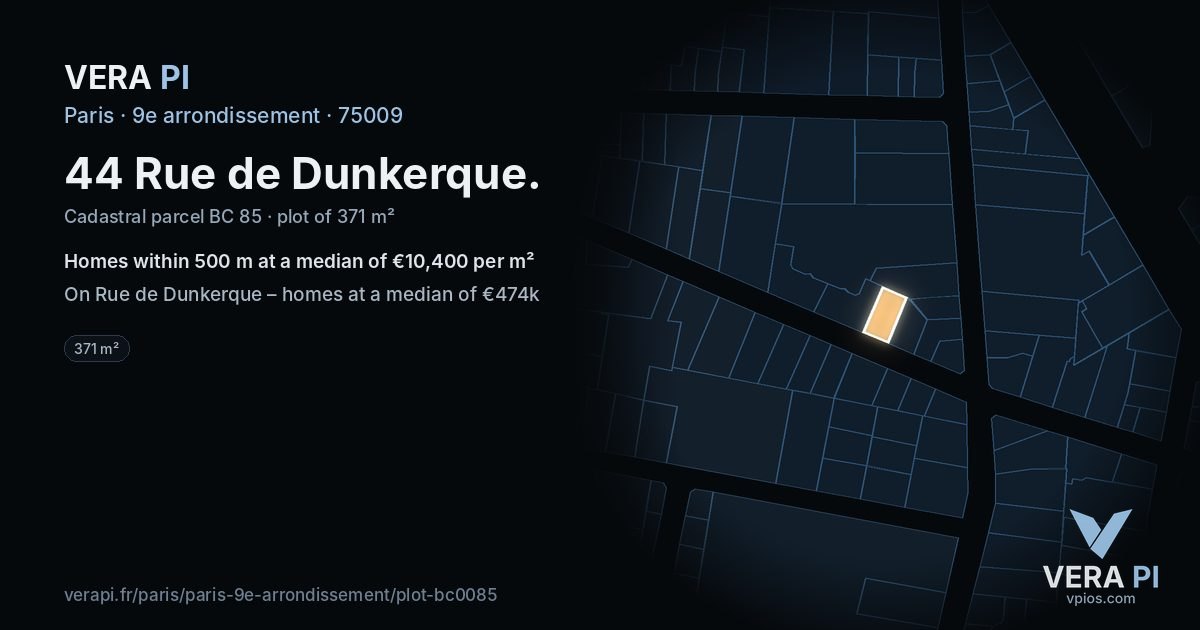 44 Rue de Dunkerque, 9e arrondissement at night – the plot lit, the parcels around coloured by the prices near them