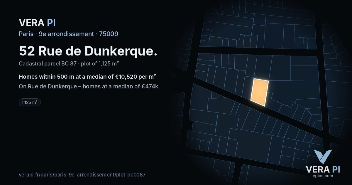 52 Rue de Dunkerque, 9e arrondissement at night – the plot lit, the parcels around coloured by the prices near them