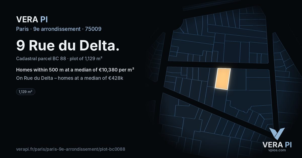 9 Rue du Delta, 9e arrondissement at night – the plot lit, the parcels around coloured by the prices near them