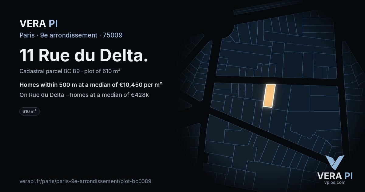 11 Rue du Delta, 9e arrondissement at night – the plot lit, the parcels around coloured by the prices near them