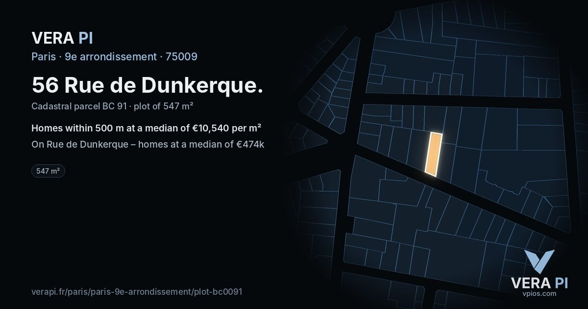 56 Rue de Dunkerque, 9e arrondissement at night – the plot lit, the parcels around coloured by the prices near them